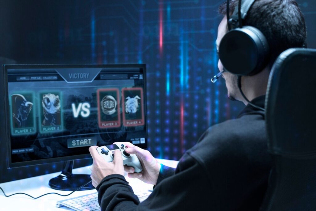 A man with headphones engaged in a video game, highlighting the capabilities of VSEE V3 Pro for streaming.